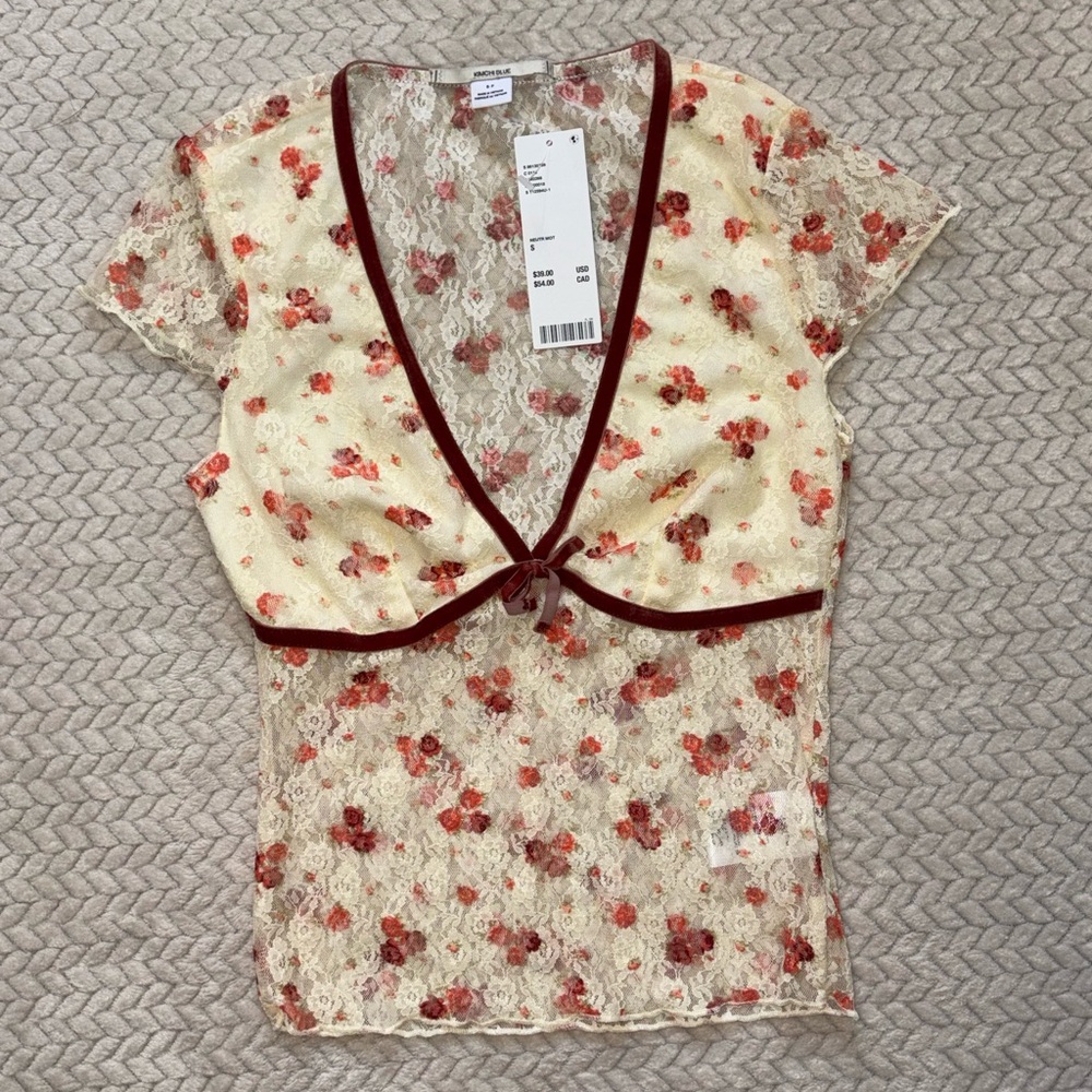 Kimchi Blue Cream Floral Lace Blouse with Burgundy Accents
